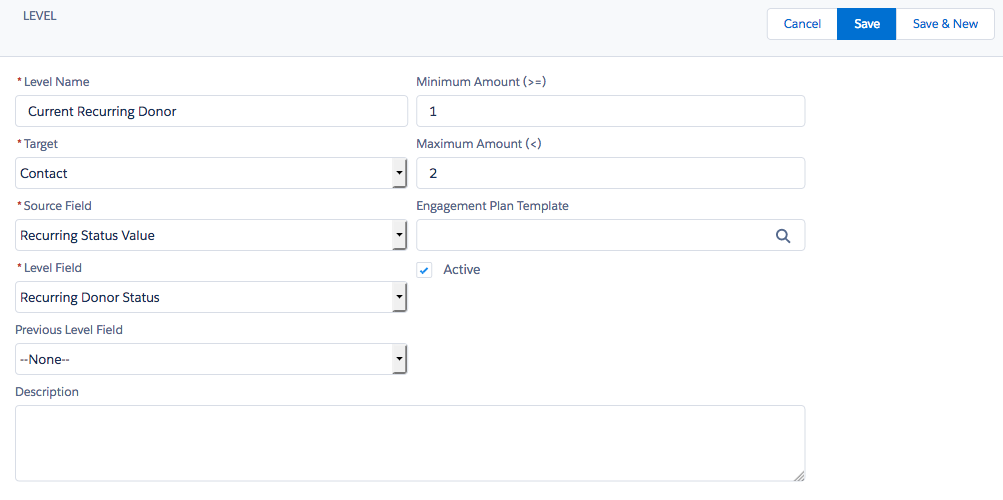 Create Levels in Saleforce Nonprofit Success Pack