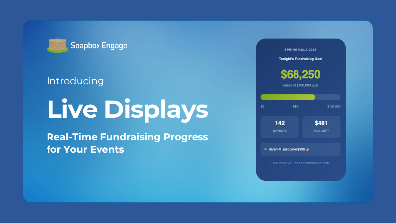 Soapbox Engage Live Displays projecting a live fundraising thermometer and donor feed on a large screen at a nonprofit gala